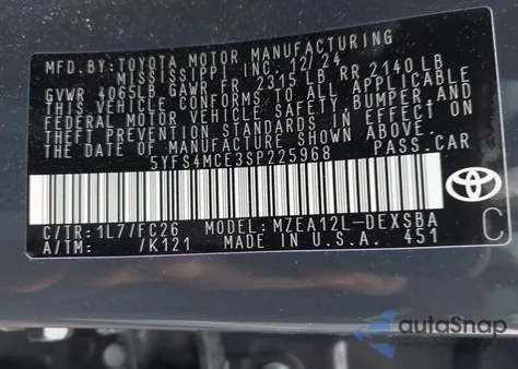 2025 Toyota Corolla Se z USA, uszkodzony, nr VIN 5YFS4MCE3SP225968